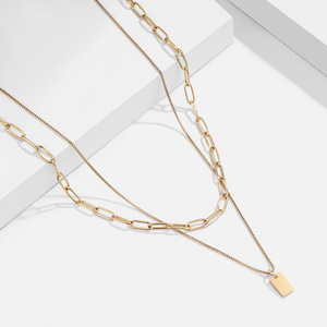Collar de Doble Capa a la Moda, Acero Inoxidable, Chapado en Oro, Colgante Cuadrado, Cadena Geométrica, Uso Diario, Cadena para Clavícula - Product Image 4