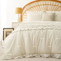 Parure de lit en coton Seersucker 100% avec volants et plis froncés, taille personnalisée, effet rafraîchissant et écologique, motif guimauve, 2 boutons-pression