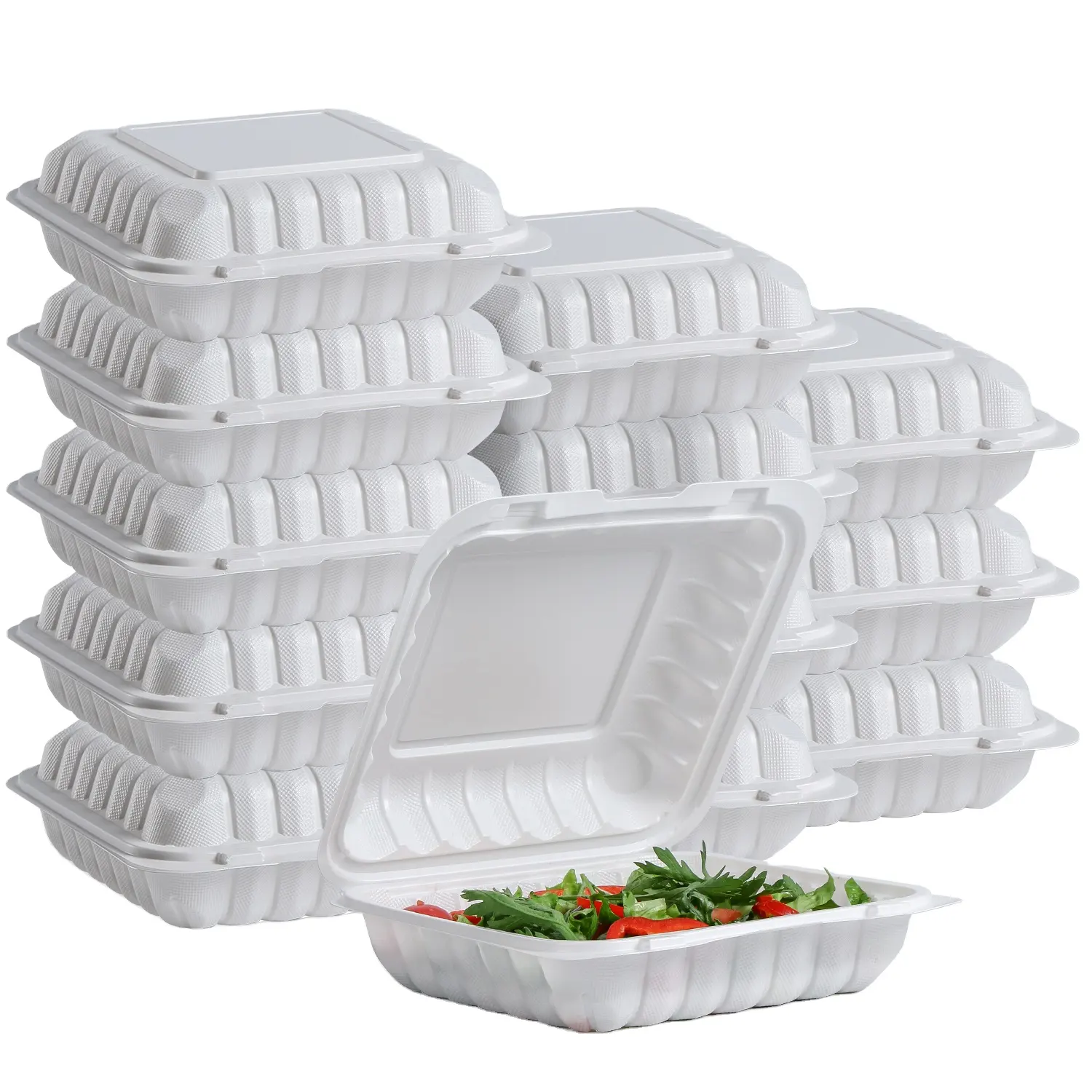 8 Inch 3 Compartimenten Lunchbox Scharnierend Deksel Stapelbare Plastic Clamshell Maaltijd Prep Voedsel Opslag Container