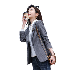 Houndstooth Blazer Women Grey Reddish Brown Lattice Polyester Fiber Anti Wrinkle Short Casual Spring Autumn Fit Petite Figures - Product Image 5