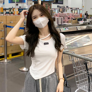 Camiseta de Verano Coreana de Diseño Irregular de Manga Corta para Mujer, Estilo Chica Sexy, Blanca, Básica, Informal - Product Image 2