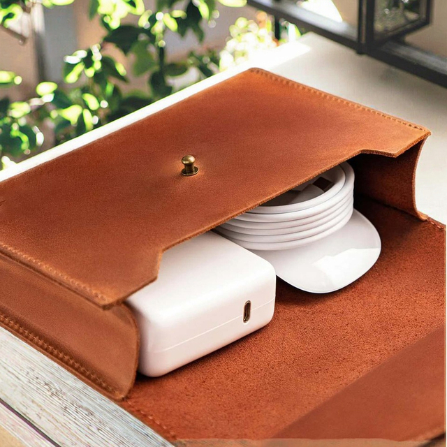 Genuine Leather Travel Electronics Bag Leather Charger Bag Personalized Leather Cable Organizer