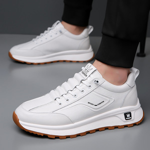 Zapatillas Deportivas de Piel Blancas para Hombre, Suela Gruesa, Tacón Bajo, Estilo Casual, con Cordones Delanteros, Color Sólido - Product Image 4
