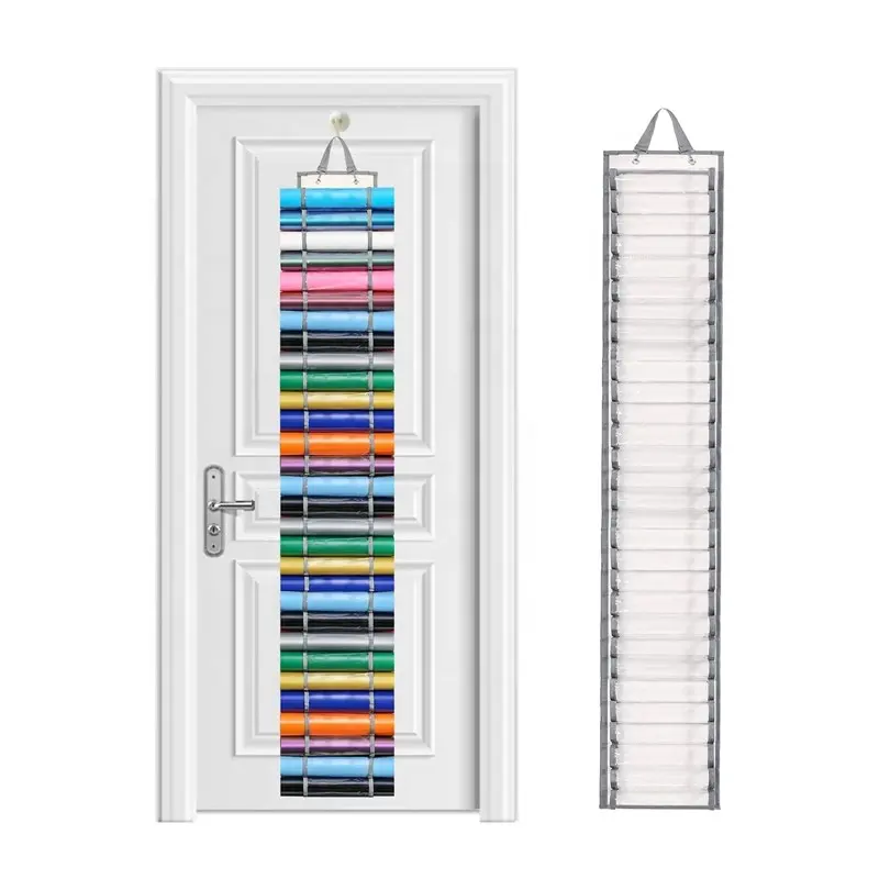 Roll Holder with 60 Compartments and Keeper with Door Hooks and Strap Clear Vinyl Organizer Holder Wall Mount for Home Craft