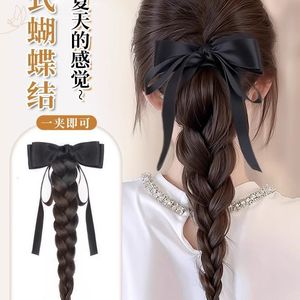 Ribbon Bow Braided Ponytail Hair Clip Full <b>Back</b> Head Accessory For Miss High Temperature Wire Hand Knitted Duckbill Clip Style - Product Image 1