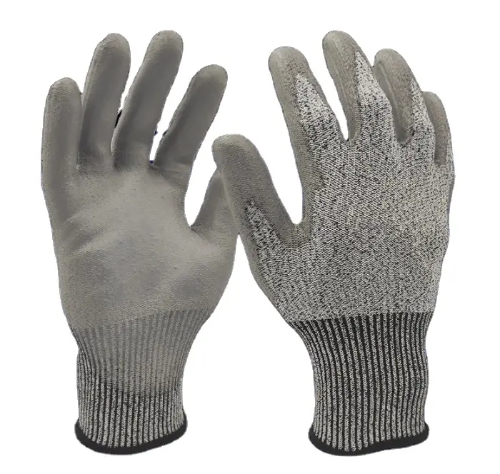 Sarung tangan pelindung bekerja Level 5, sarung tangan olahraga luar ruangan lapisan PU anti potongan, sarung tangan jari penuh