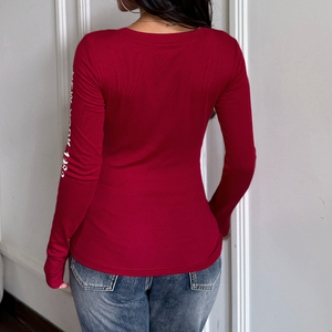 Blusa de punto Y2K para mujer, roja, con cuello en V, estampado de letras digital, anti-bolitas, manga larga, ajustada, sexy, informal, estilo urbano - Product Image 6