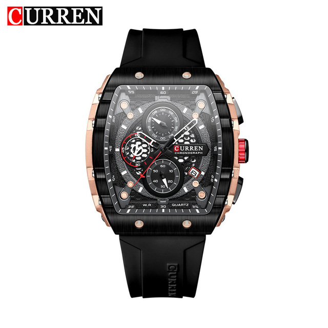 CURREN 8442 Fashion Antique Business Cartoon Sports Watch Men's Large Tonneau Case Alloy Quartz Dial Silicone Pointer Auto Date