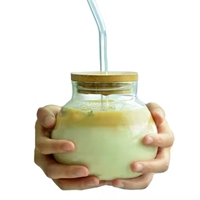 Gobelet d'été avec paille Smoothie, grande canette de bière avec couvercle en bois et paille en verre