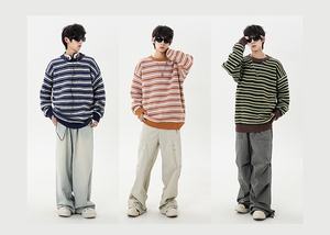 Pull unisexe rayé épais, style rétro, blocs de couleur, coupe ample décontractée, pull d'automne et d'hiver, pull assorti pour couple, logo frontal, tricot - Product Image 2