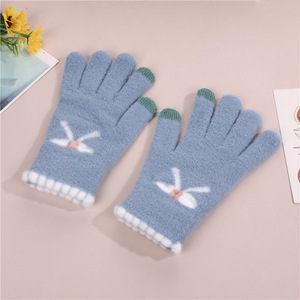 Gants d'hiver pour femmes, doublés polaire, coupe-vent, compatibles écran tactile, chauds, mignons, en peluche tricotée, à doigts entiers, avec nœud papillon, en acrylique/coton - Product Image 4