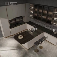 Armoire à poignée invisible personnalisée haut de gamme Super cuisson silencieuse avec évier et robinet Simple beau et pratique