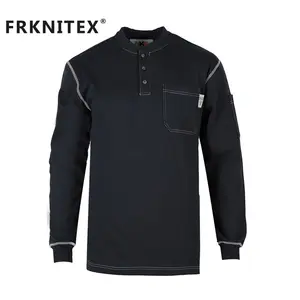 Factory Supply 100 Cotton Knit Long Sleeve Black Crew Neck Mechanic Workwear Welding Fire Resistant FR Henly Shirt