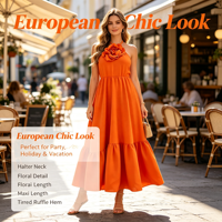 Robe longue maxi sans manches à fleurs 3D pour femme, avec volants, idéale pour l'été, la plage, les vacances, décontractée, fluide, ODMOEM