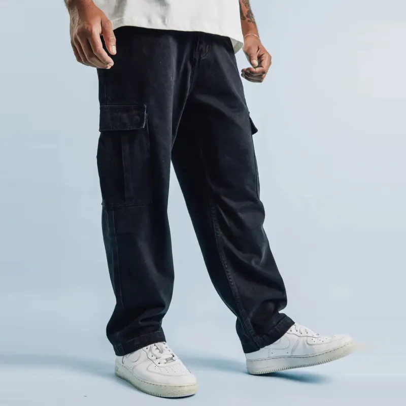 Calça cargo personalizada, calça jeans preta lavável com logotipo da rua