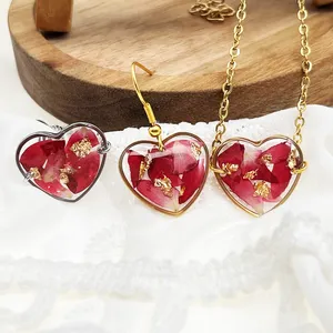 Personalized Handmade Pendants Natural Pressed Flower Stainless Steal Heart Shape Red Rose Earrings