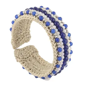 Bohemian ethnic style natural stone beaded woven bangle India high quality opening adjustable cuff bangle bracelet