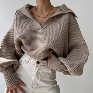 Custom Women Turtleneck Solid Color Fall Thick Warm Luxury Real Fox Fur Cuffs Loose Wool Knitted Ladies Pullover Sweater