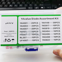 Kit de 200 diodes de différentes valeurs (14 types) : 1N4001, 1N4004, 1N4007, 1N4148, 1N5817, 1N5819, 1N5404, 1N5406, 1N5408, 1N5822, UF4007, FR107, FR207, RL207