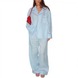Ensemble de pyjama d'été de luxe en soie bleu clair pour femmes, manches longues, col rabattu, vêtements de nuit doux - Product Image 1