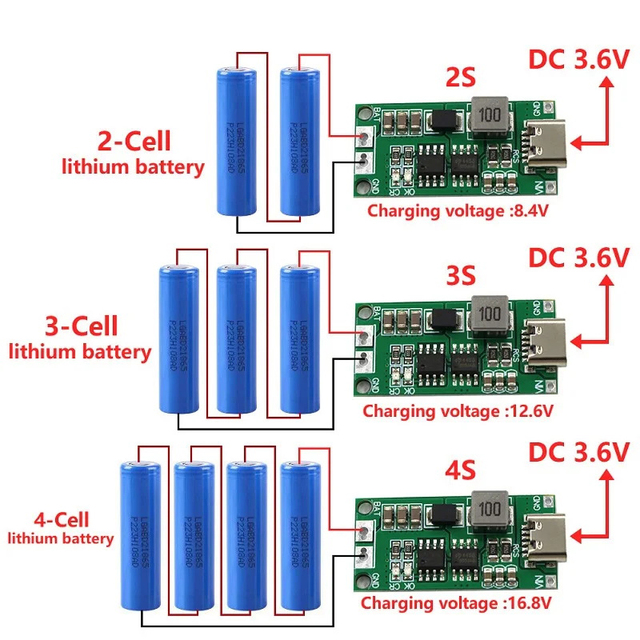 Multi-Cell 2S-4S Step-Up Boost LiPo Polymer Li-Ion Charger 18650 Lithium Batteries (7.4V-16.8V) ROHS3 Compliant MSL 1