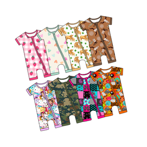 Baju Bayi Custom Print Grosir Yy, Pakaian Anak Lengan Pendek Rajutan Bambu, Romper Kasual dengan Ritsleting Dua Arah - Product Image 1