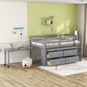 <span class=keywords><strong>Lit</strong></span> mezzanine de taille double avec bureau rétractable et 4 tiroirs, <span class=keywords><strong>lit</strong></span> mezzanine en bois avec bureau portable latéral et étagères, gris - Product Image 1