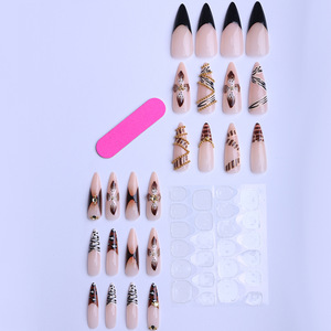 24 Uñas Postizas Acrílicas con Forma de Almendra, Cobertura Completa, con Cuentas Doradas y Estampado Animal, Puntas de Gel para Salón - Product Image 3