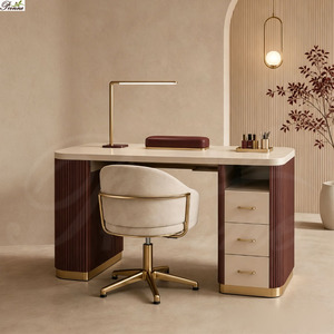 Equipo de Salón de Uñas 2026, Mesa de Manicura Doble Moderna de Madera Acanalada Vintage con Detalles Dorados - Product Image 2