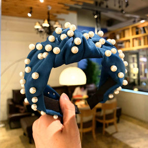 Ancho de moda borde mujeres accesorios para el cabello diadema tela Cruz giro diadema de perlas - Product Image 2