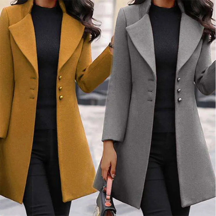 European And American Mid-length Korean Version Wool Lapel Is Thin And Solid Color Slim Women's Woolen Coat
