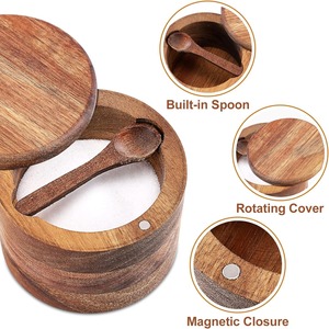 กล่องใส่เกลือไม้กระถินพร้อมช้อนในตัว ป้องกันฝุ่น กล่องเกลือไม้แท้พร้อมฝาปิดแบบหมุนได้ - Product Image 3