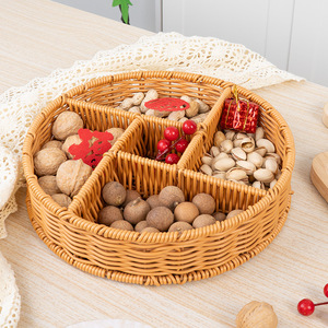 Panier de rangement en rotin rond marron compartimenté, plateau à fruits et en-cas, organisateur pour table basse de salon domestique - Product Image 2