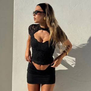 Camiseta de manga corta con cuello cuadrado y encaje para mujer, ajustada, informal, básica, de moda, para verano, estilo urbano - Product Image 2