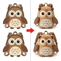 Sac à dos en peluche personnalisé en forme de hibou, développé à partir de votre croquis de faune, avec broderie personnalisée bicolore sur les ailes et le ventre, réglable