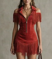 Nouvelle Robe Bohème Rétro en Daim à Franges et Épaules Dénudées Style Western Chic avec Taille Cintrée et Mini-Jupe pour l'Automne 2026