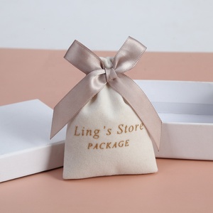 7x9cm Soft Luxury Beige Pink Velvet Jewelry Pouches with Drawstring Closure and <b>Ribbon</b> - Product Image 1