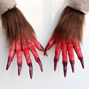 Werewolf <b>Gloves</b> With Furry Red <b>Claws</b> One Size Halloween Costume Props - Product Image 1
