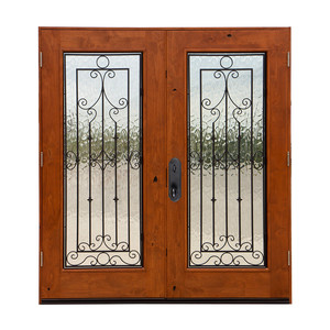 Porte d'entrée de villa <span class=keywords><strong>en</strong></span> fer forgé et <span class=keywords><strong>bois</strong></span>, avec verre, double porte principale avec motifs de grille, utilisée par Lowes - Product Image 1