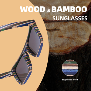 Gafas de Sol de Bambú con Lentes Azules Espejo, Estilo Moderno 2023, Protección UV, Montura con Rayas - Product Image 3