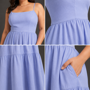 Vestido maxi azul de tirantes finos con volantes para mujer, corte A, holgado, de algodón, informal, de verano, con bolsillos, personalizado - Product Image 3