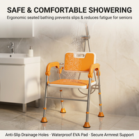 Chaise de douche pliante en aluminium robuste de 150 kg avec accoudoirs, dossier réglable en hauteur, pieds antidérapants en TPE pour personnes âgées, bain médical