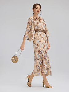<span class=keywords><strong>Robe</strong></span> Midi <span class=keywords><strong>Femme</strong></span> 2026 Caramel en Dentelle Florale 3D, Col Rond, Manches Cape, Ceinturée, Moulante, pour Soirée Formelle et <span class=keywords><strong>Cocktail</strong></span> - Product Image 6