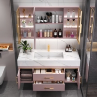 Set Kabinet Kamar Mandi Modern dengan Cermin Pintar LED Touch Illuminate yang Dipasang di Dinding, Termasuk Wastafel dan Warna yang Dapat Disesuaikan