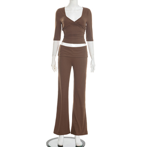 Viviblook Q25ST471 Traje de yoga informal para mujer, camiseta de manga larga con cuello en V, pantalones largos, conjunto de dos piezas - Product Image 2