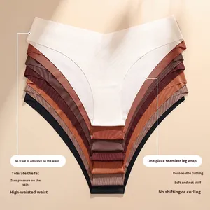 Braguitas de seda helada sin costuras para mujer europea y americana, de cintura en V, de una pieza, de talle medio, transpirables, tipo bikini grande - Product Image 4