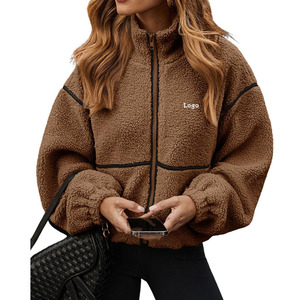 Factory Custom Logo Contrast Color Tape Elastic Cuff <strong>Teddy</strong> Fleece Womens Outdoor WInter Jackets <strong>Hoodie</strong> - Product Image 1