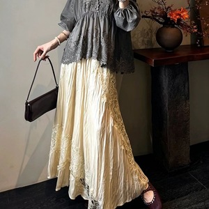Retro Style Velvet Half Length <b>Skirt</b> <b>with</b> Women's Lace Patchwork and <b>Elastic</b> <b>Waist</b> Design, Loose Hanging and Wide Swing <b>Skirt</b> - Product Image 5