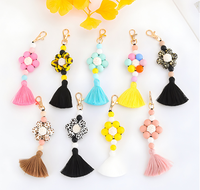 Porte-clés personnalisable en perles de silicone avec pompon, motif tournesol, vache, léopard, pendentif de sac en perles de silicone, pendentif de sac