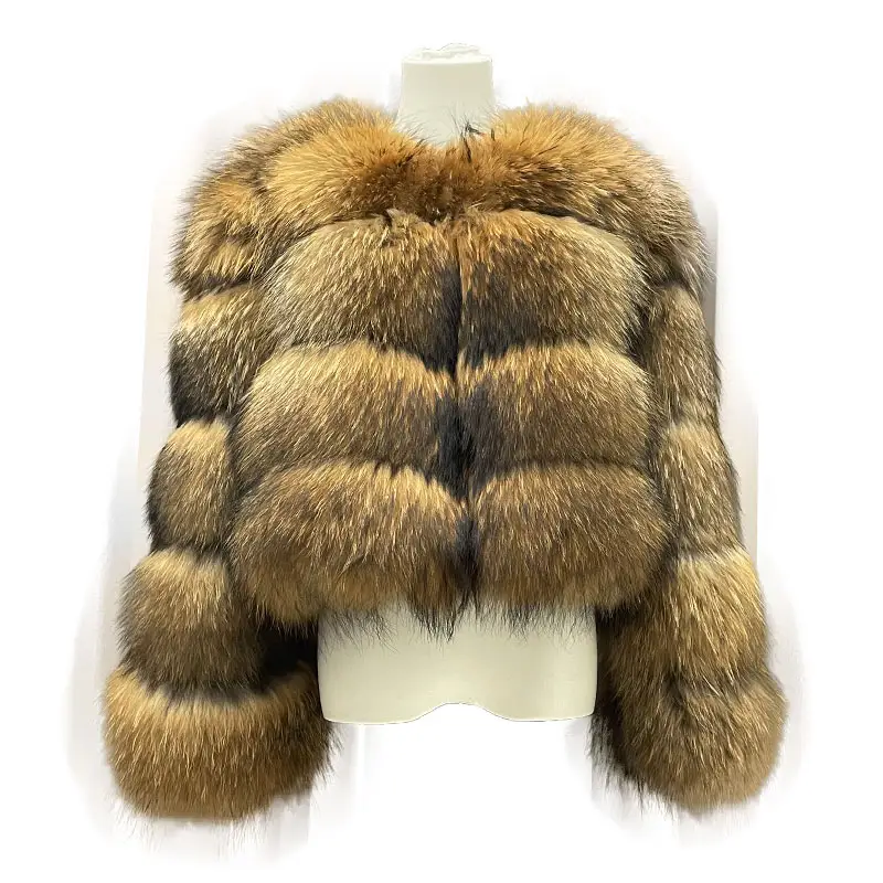 सर्दियों की महिलाओं के गर्म असली फर कोट छोटे आकस्मिक लंबे आस्तीन प्राकृतिक रंग रकून फर कोट